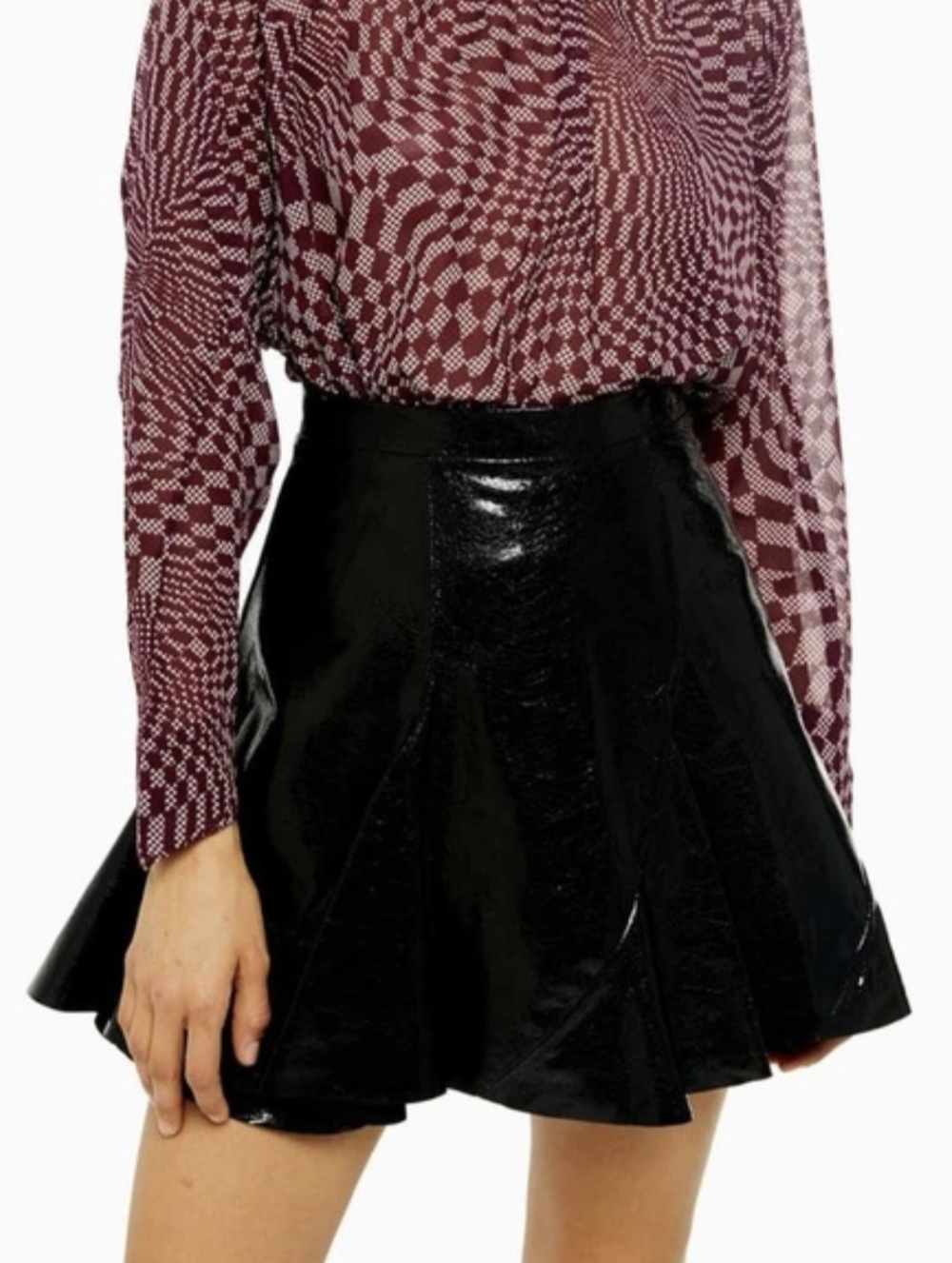 Topshop Black Patent Faux-Leather Swing Skater Mini Skirt